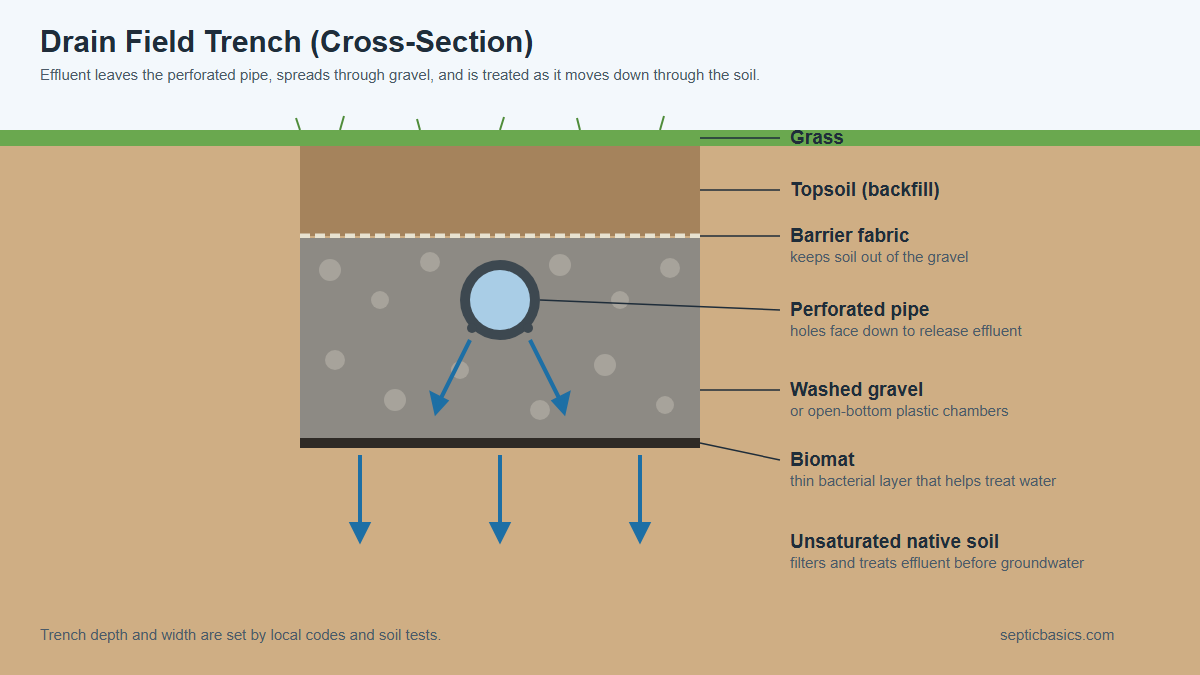 Drain field trench cross-section with perforated pipe, gravel, biomat and soil