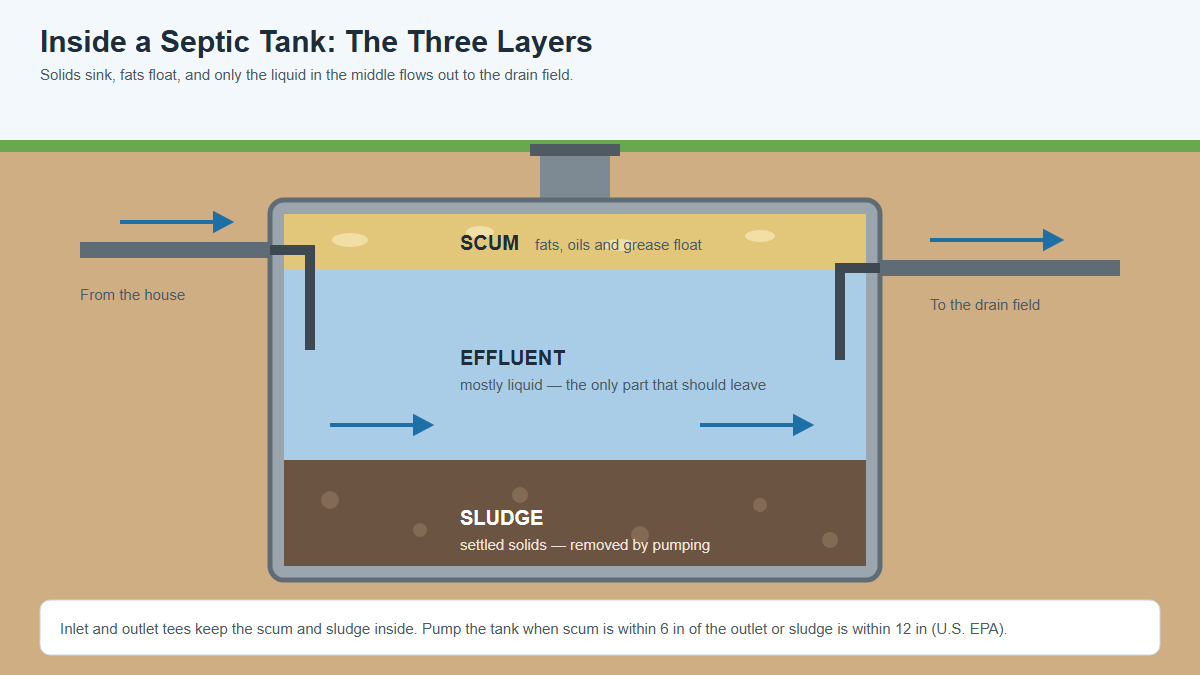 Septic tank cross-section showing the scum, effluent and sludge layers
